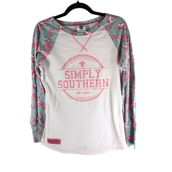 Simply Southern Long Sleeve Raglan Shirt  White Pink Blue Floral Graphic Print M - Picture 1 of 5